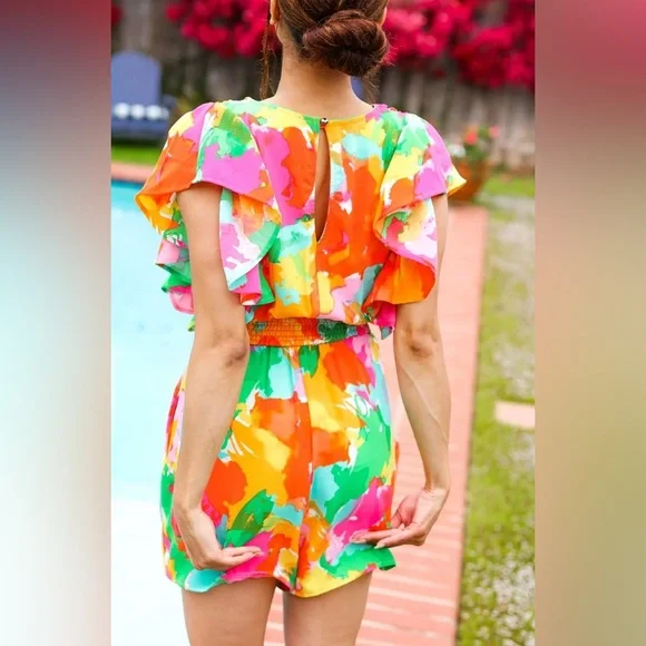 NWOT Floral Flutter Sleeve Romper. Size Small. - Picture 3 of 9